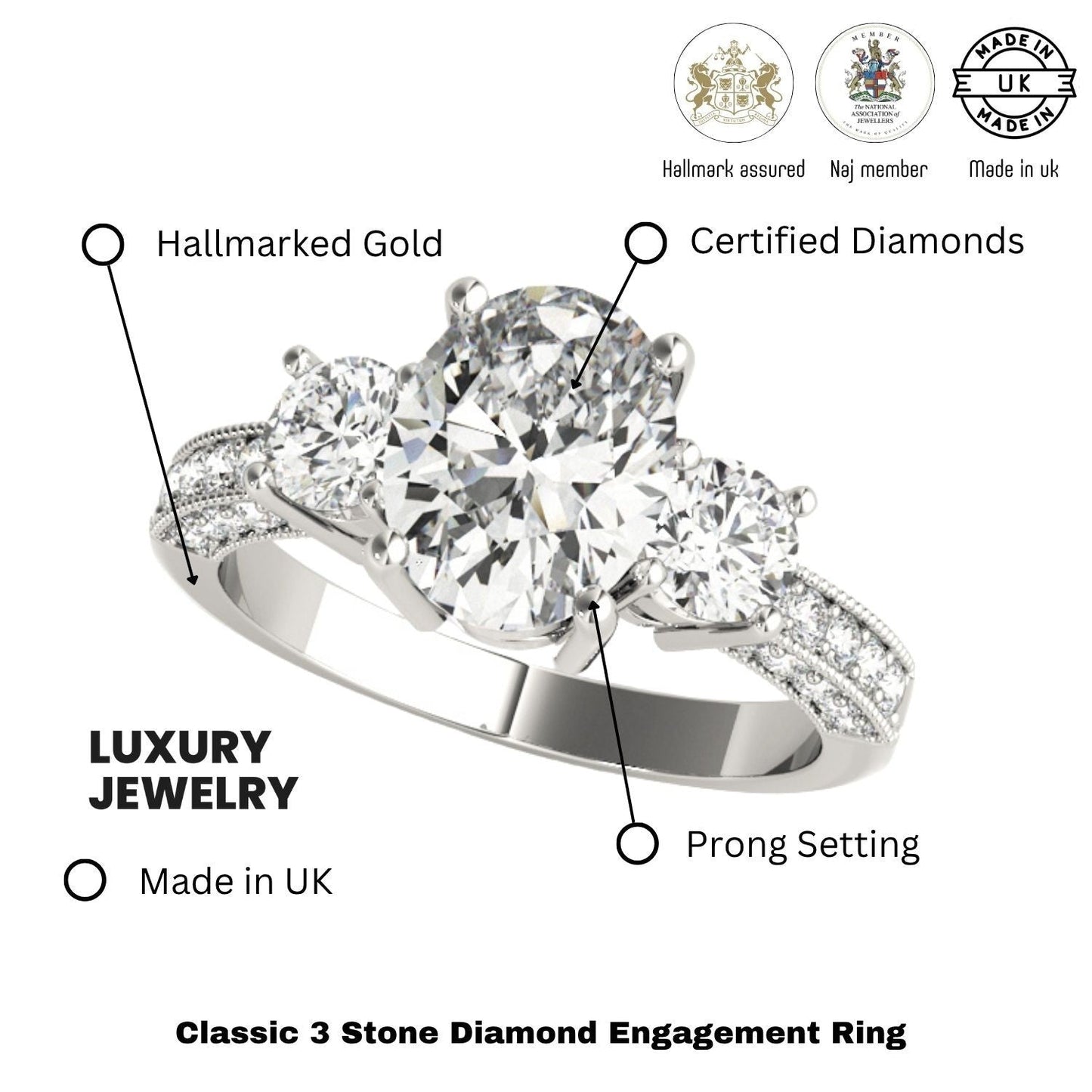 Platinum 2.00CT DE/VS Lab Grown Oval Cut Diamond Trilogy Engagement Ring