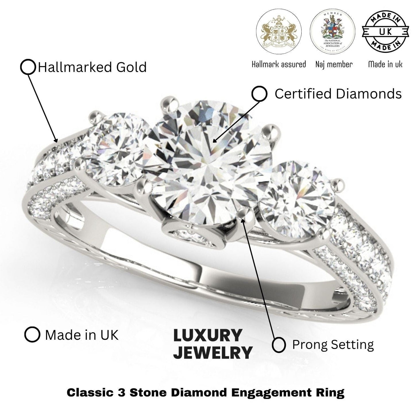 Lab Grown Round Diamond 3 Stone Engagement Ring Platinum