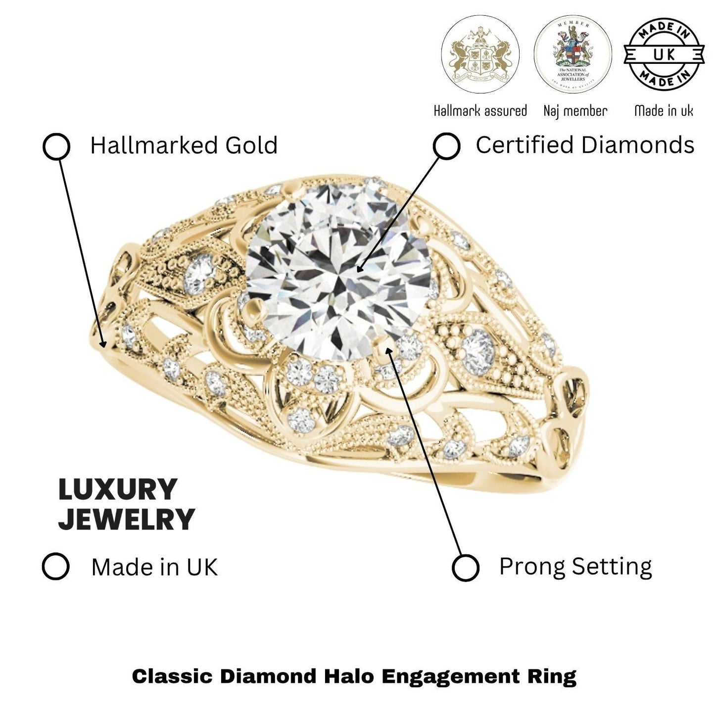 2.00Ct DE/VS Lab Grown Round Diamond Halo Engagement Ring 18K Yellow Gold
