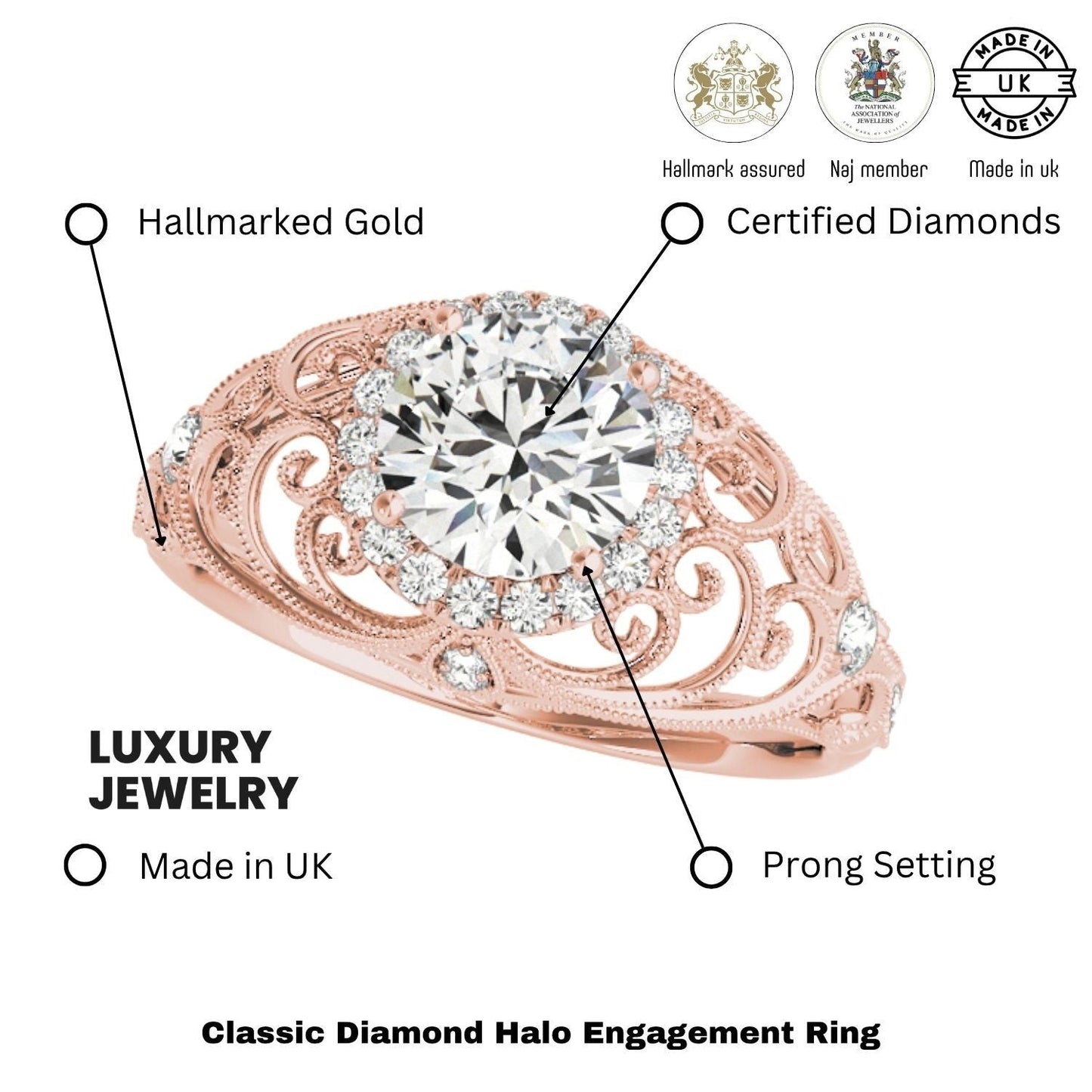 2.00Ct DE/VS Lab Grown Round Diamond Halo Engagement Ring 18K Rose Gold