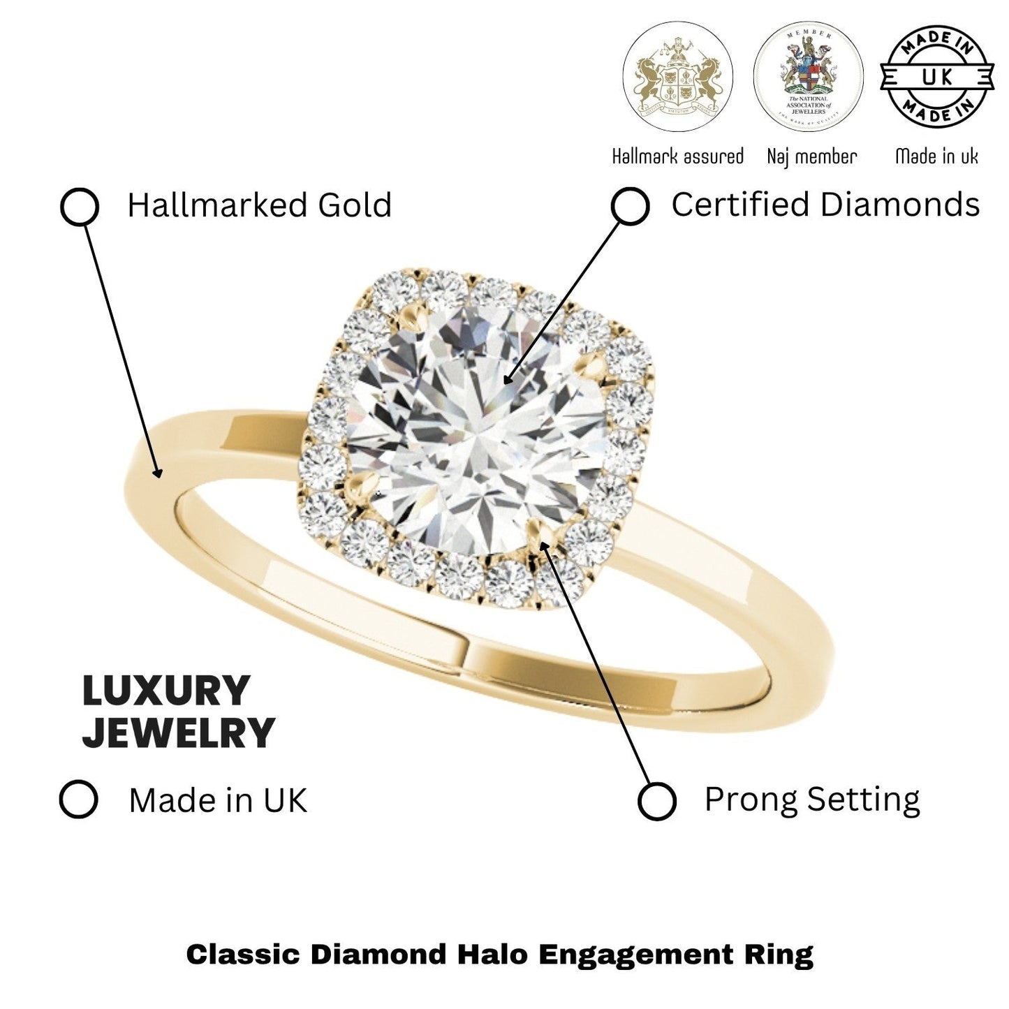 Lab Grown Round Diamond Halo Engagement Ring 18K Yellow Gold