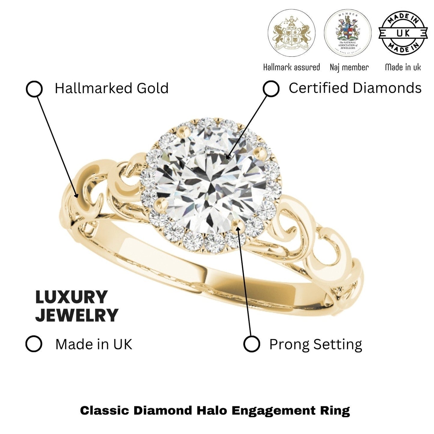 2.00 Ct DE/VS Lab-Grown Diamond Halo Engagement Ring in 18K Yellow Gold ÐUK Made