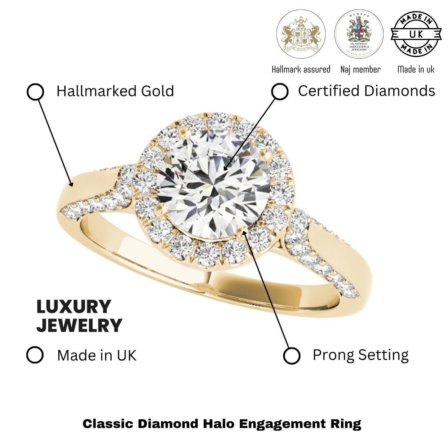 Lab Grown Round Diamond Halo Engagement Ring 18K Yellow Gold