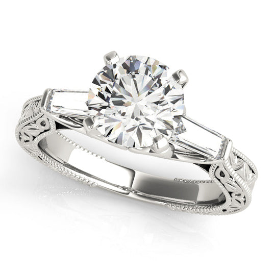 Three Stone Baguette & Round Cut Lab-Grown Diamond Vintage Engagement Ring
