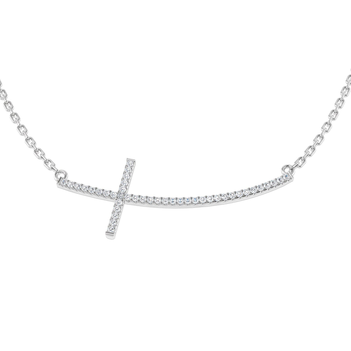 0.12ct Round Diamond PavŽ Setting Curved Sideways Cross Necklace in Gold & Platinum