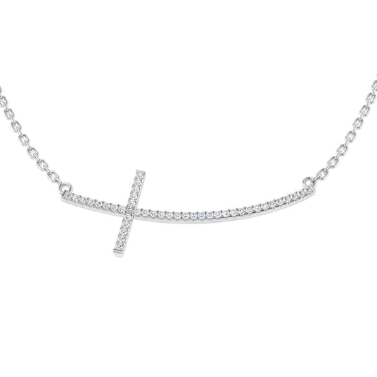 0.12ct Round Diamond PavŽ Setting Curved Sideways Cross Necklace in Gold & Platinum