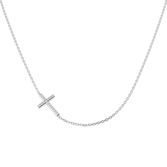 0.09ct Round Diamond PavŽ Setting Sideways Cross Necklace in Gold & Platinum