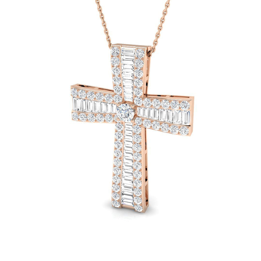 1.00ct Ð 4.98ct Baguette & Round Diamond Shared Prong Set Cross Necklace in Platinum