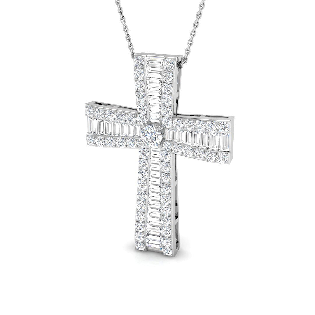 1.00ct Ð 4.98ct Baguette & Round Diamond Shared Prong Set Cross Necklace in 9k and 18k Gold