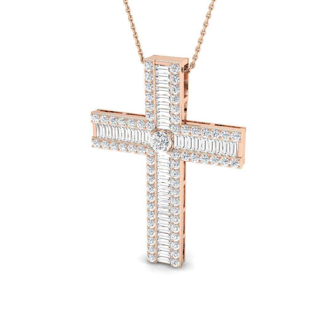 1.03ct Ð 3.83ct Baguette & Round Diamond Shared Prong Set Cross Necklace in 9k and 18k Gold