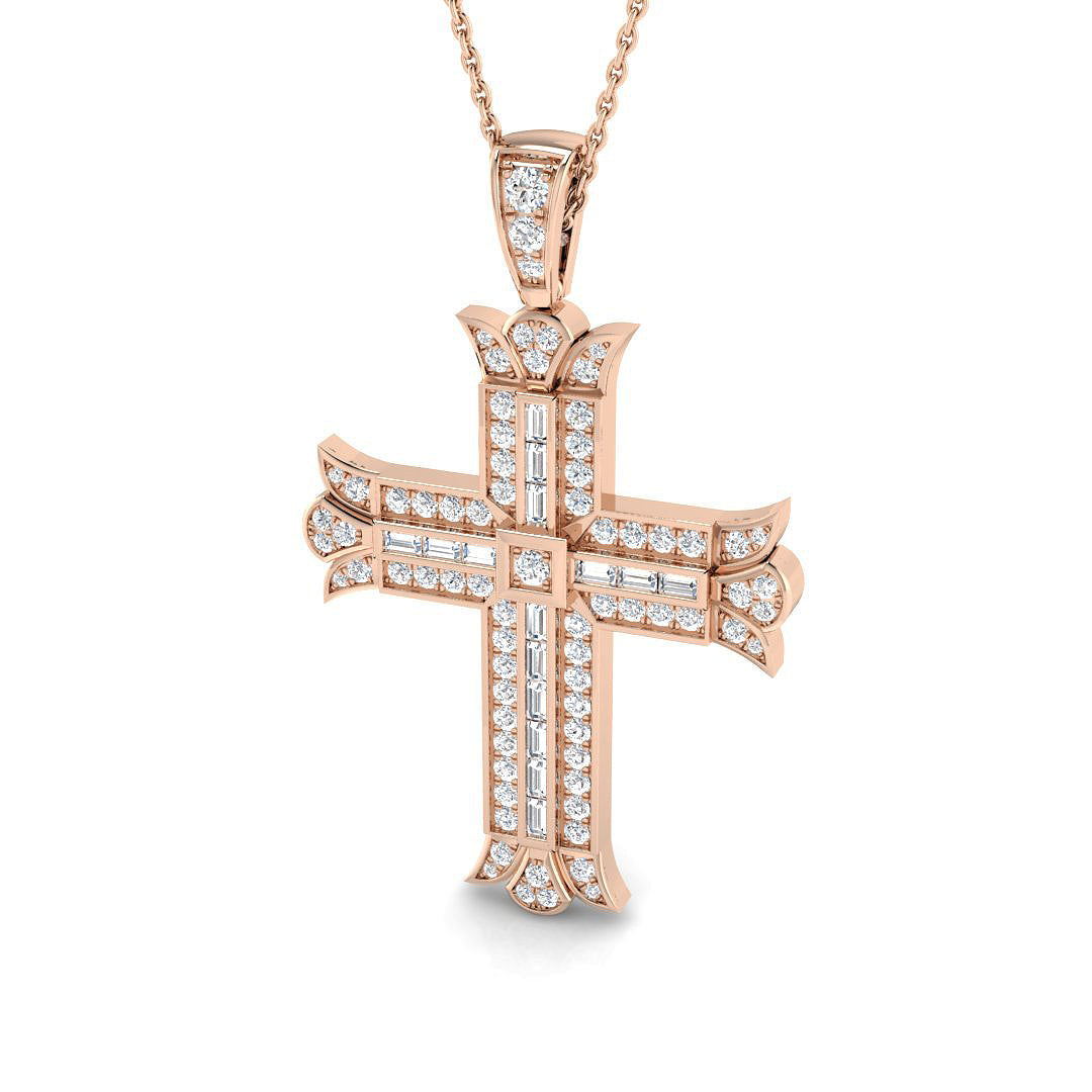 0.85ct Ð 1.16ct Baguette & Round Diamond Fleur-De-Lis Cross Necklace in Gold & Platinum