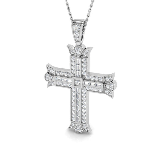0.85ct Ð 1.16ct Baguette & Round Diamond Fleur-De-Lis Cross Necklace in Gold & Platinum