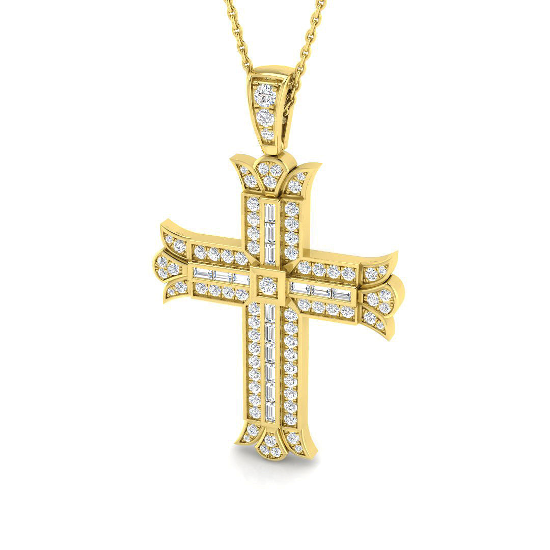 0.85ct Ð 1.16ct Baguette & Round Diamond Fleur-De-Lis Cross Necklace in Gold & Platinum