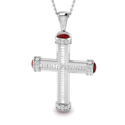 2.03ct Diamond & Ruby Baguette Cross Necklace in Gold & Platinum