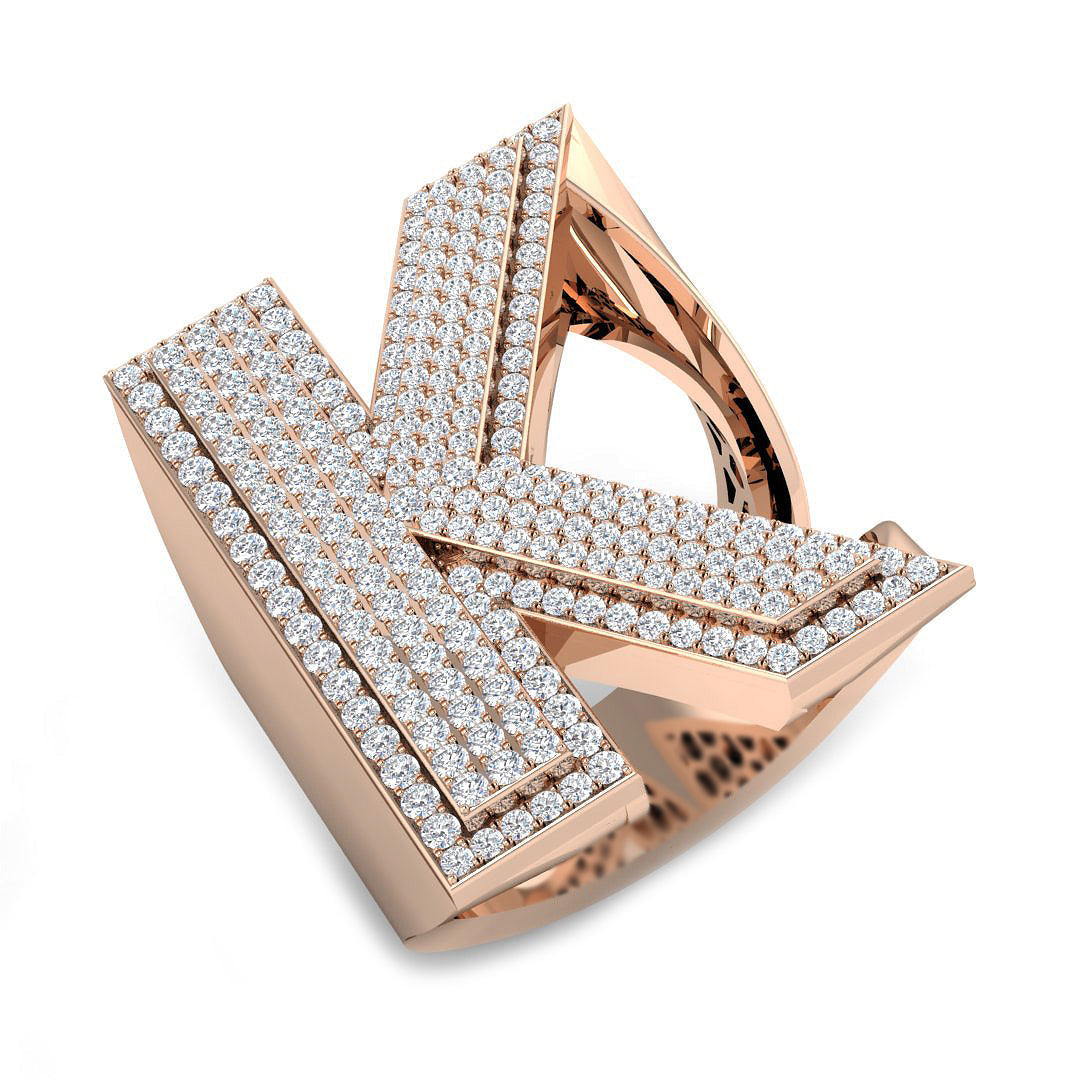 1.13 Carat Round Diamond Block Letter K Cluster PavŽ Statement Initial Ring