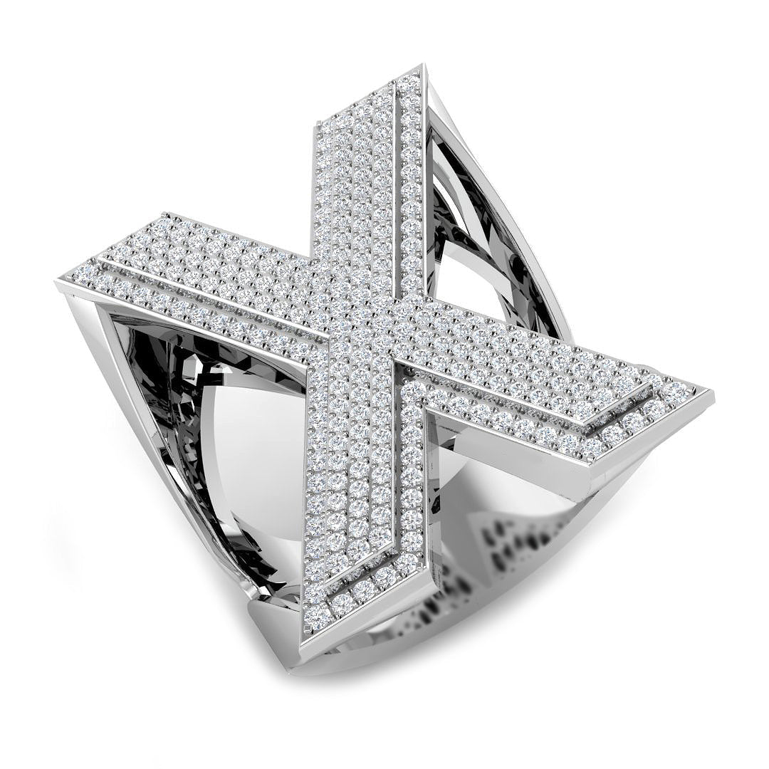 0.96 Carat Round Diamond Block Letter X Cluster PavŽ Statement Initial Ring