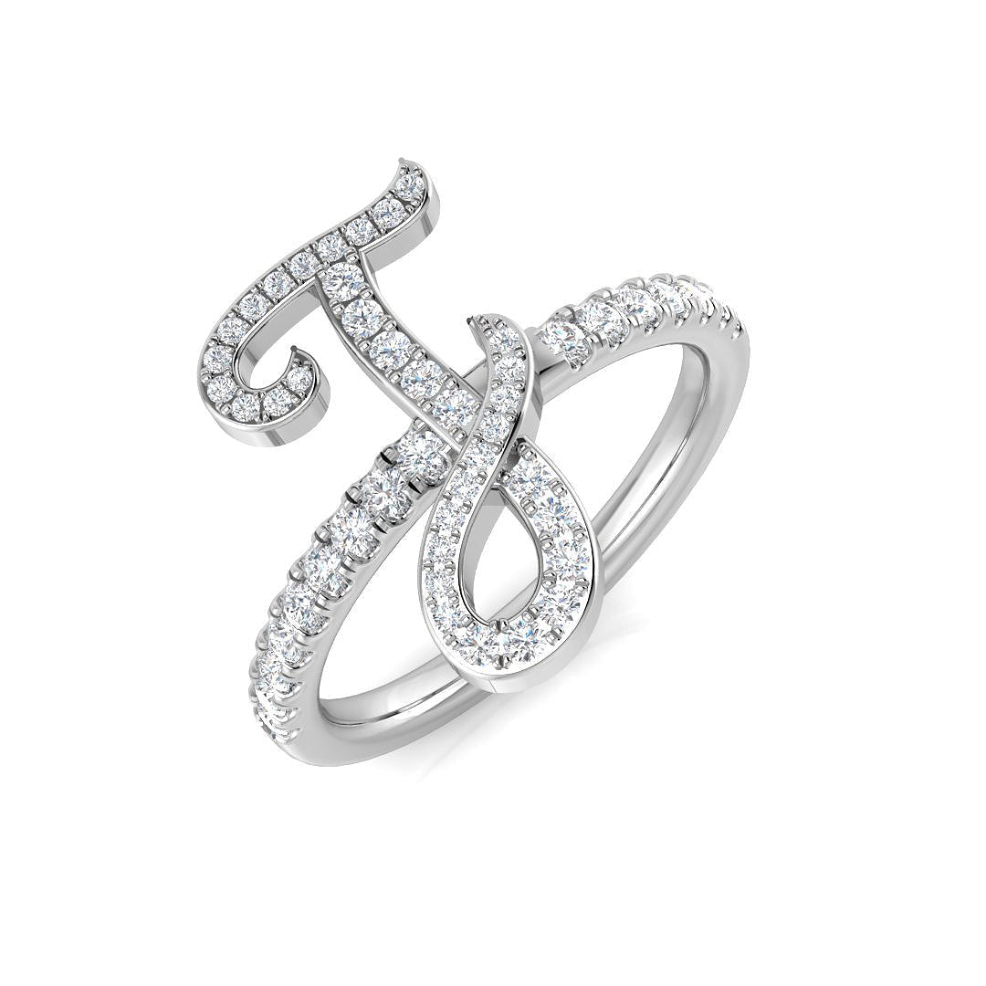 0.37 Carat Round Diamond Micro PavŽ Script Letter J Ring with Diamond Band