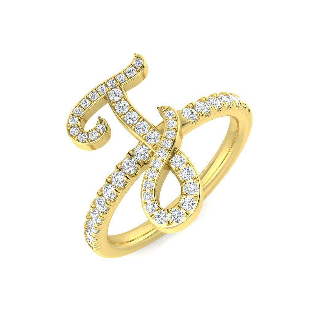 0.37 Carat Round Diamond Micro PavŽ Script Letter J Ring with Diamond Band