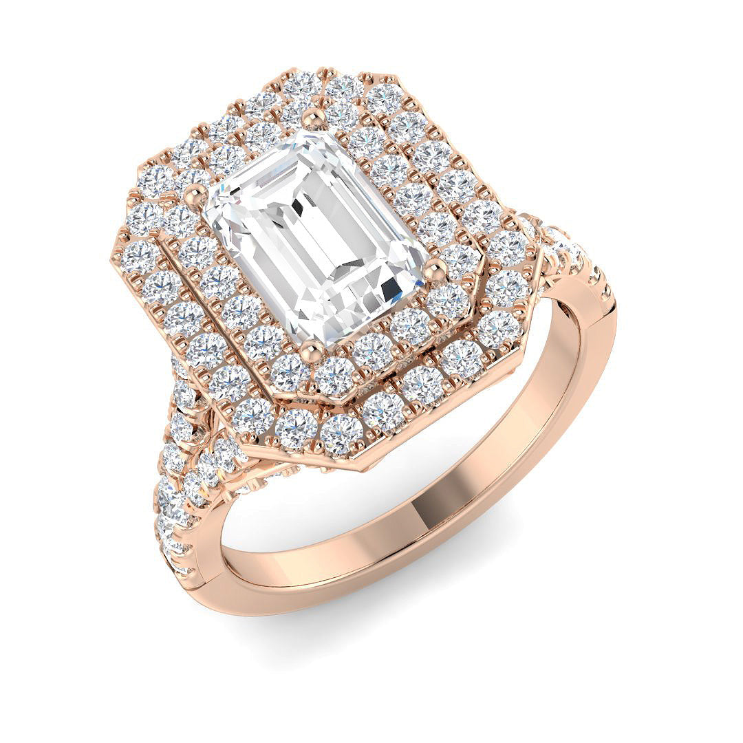 Lab Grown Round & Emerald Cut Diamond Halo Engagement Ring