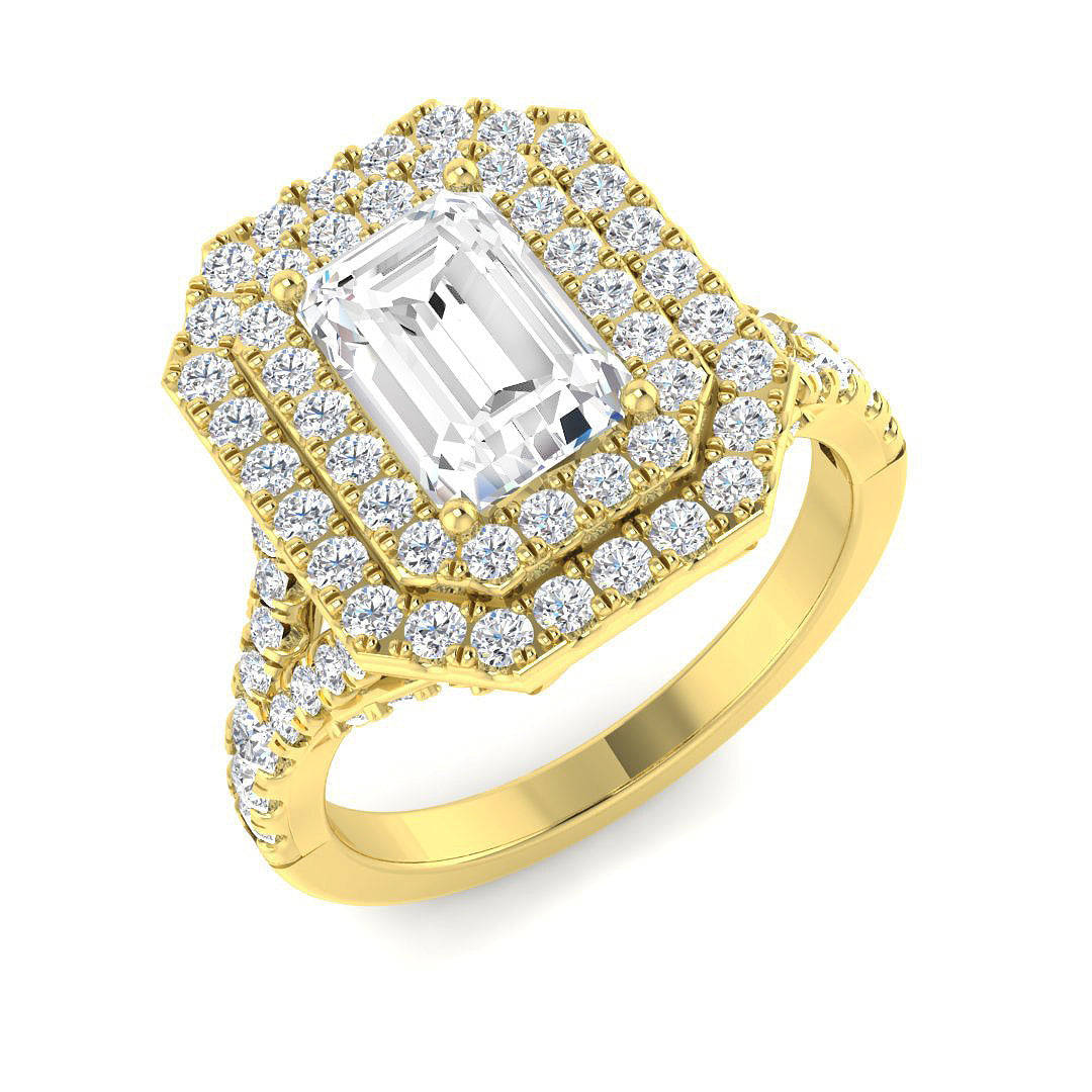 Lab Grown Round & Emerald Cut Diamond Halo Engagement Ring