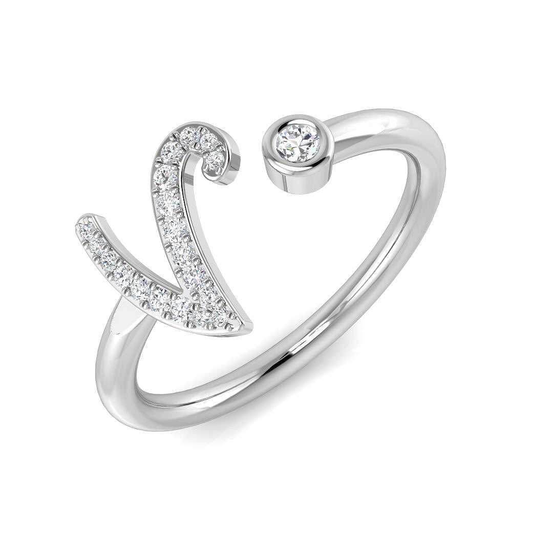 0.11 Carat Round Diamond Micro PavŽ & Bezel Script Letter V Initial Ring