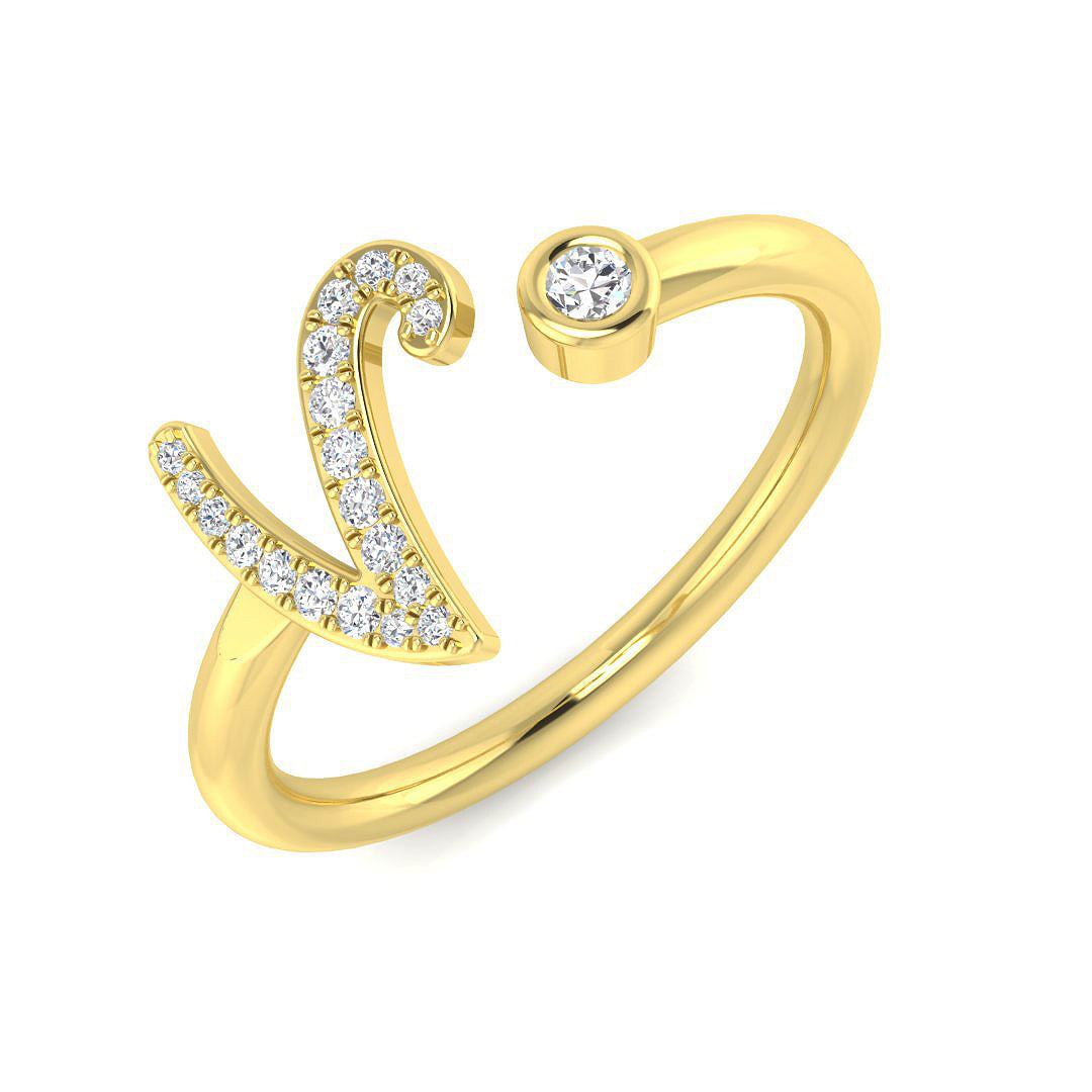0.11 Carat Round Diamond Micro PavŽ & Bezel Script Letter V Initial Ring