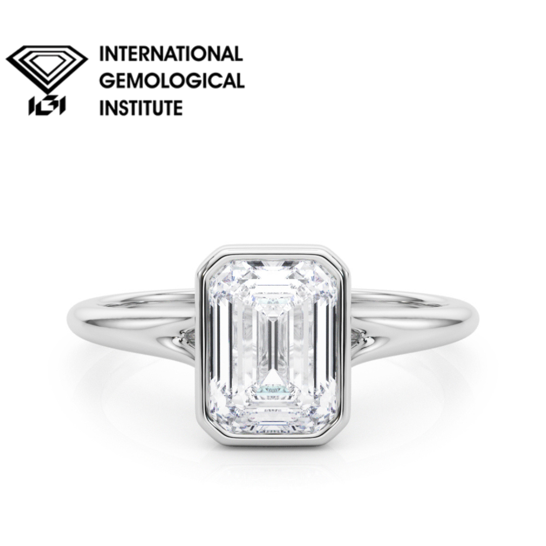 IGI Certified Emerald Cut Lab-Grown Diamond Bezel Set Solitaire Engagement Ring 9k,18k,Gold