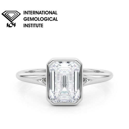 IGI Certified Emerald Cut Lab-Grown Diamond Bezel Set Solitaire Engagement Ring 9k,18k,Gold