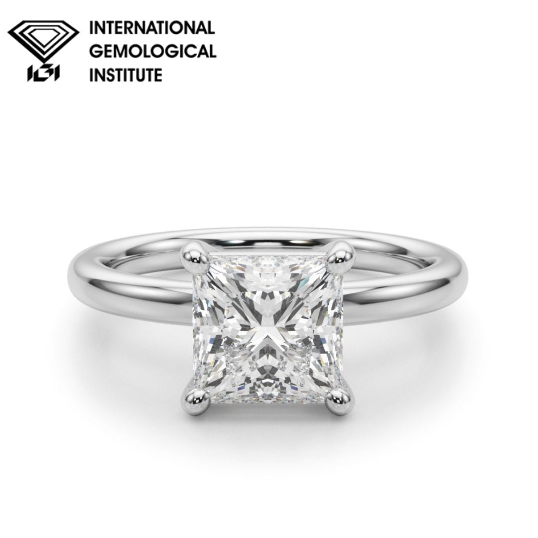IGI Lab-Grown D-VVS Princess Cut Diamond Four Prong Solitaire Engagement Ring.