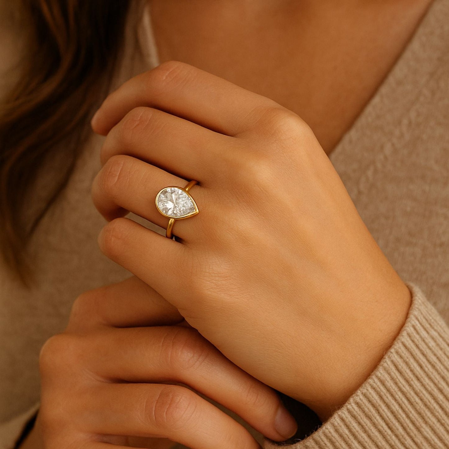 IGI Lab-Grown Pear Diamond Bezel Set Solitaire Engagement Ring, D Color VVS Clarity