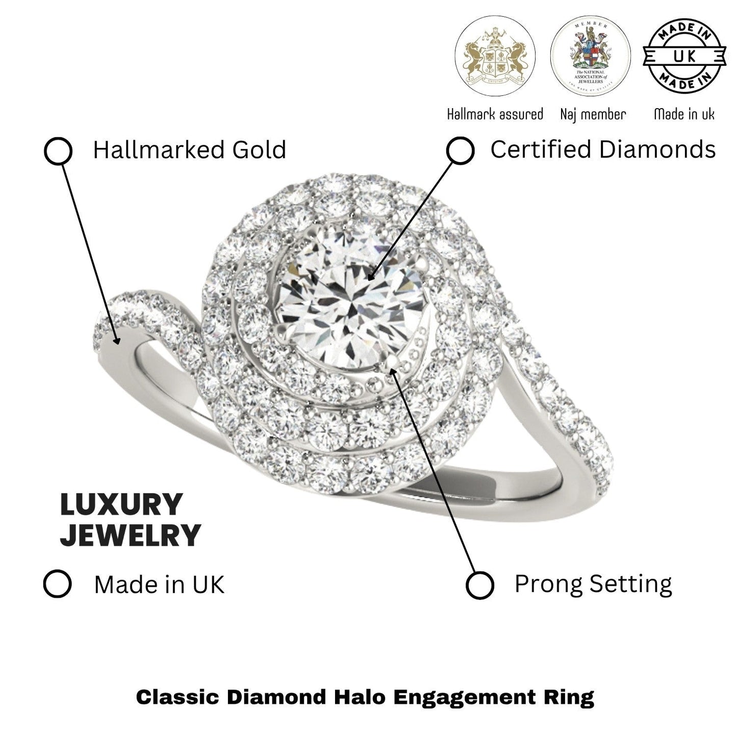 2.00 Carat DE/VS Lab Grown Round Cut Diamond Halo Engagement Ring 18K White Gold