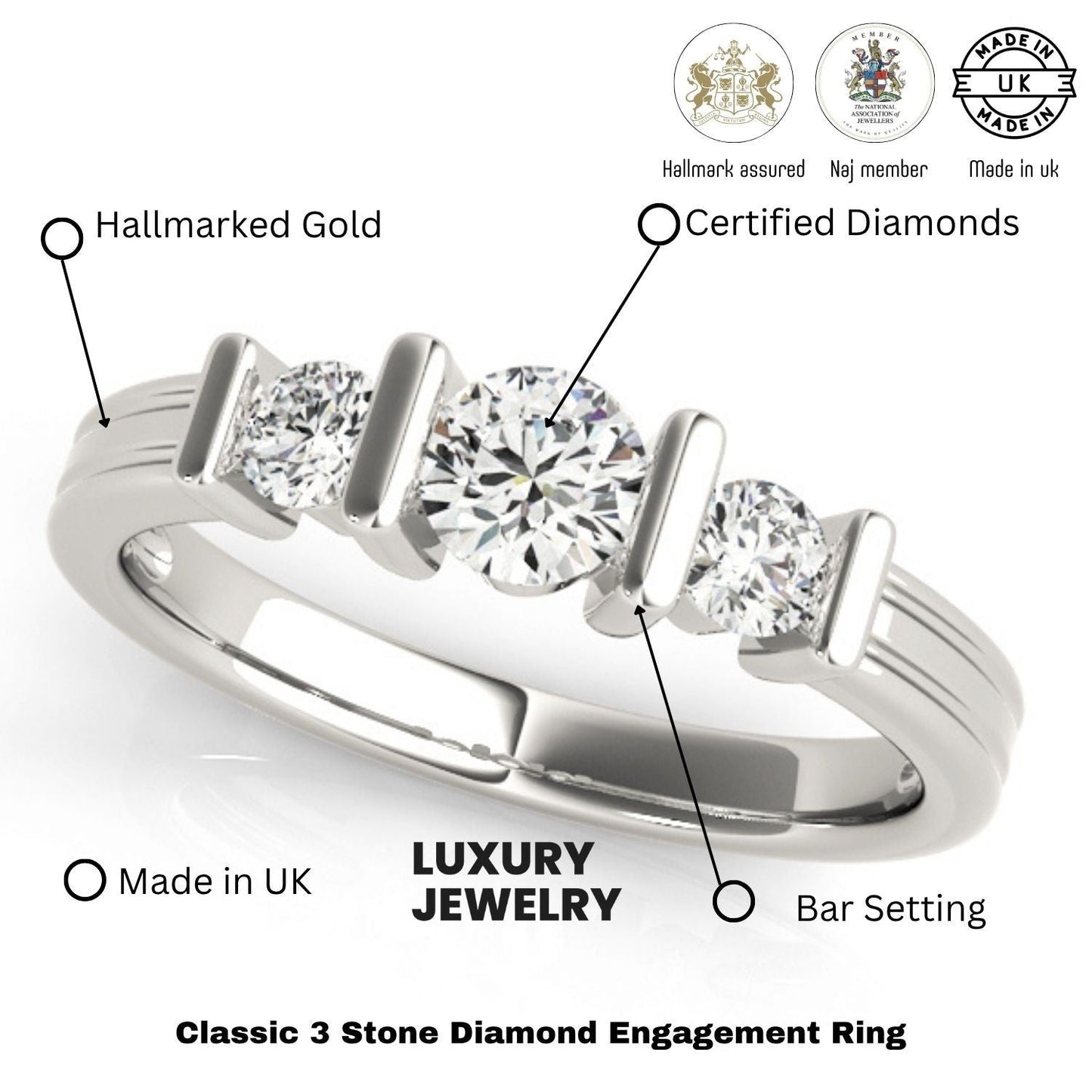 2.00Ct Bar Set Lab Grown Round Diamond 3 Stone Engagement Ring Platinum