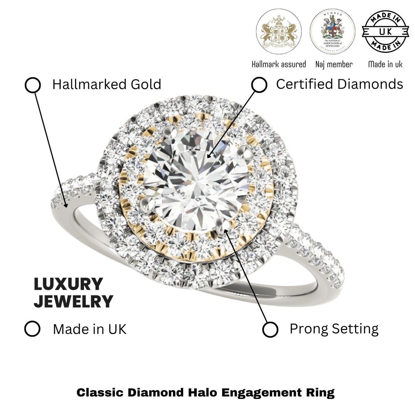 Lab Grown Round Diamond Halo Engagement Ring 18K Yellow Gold