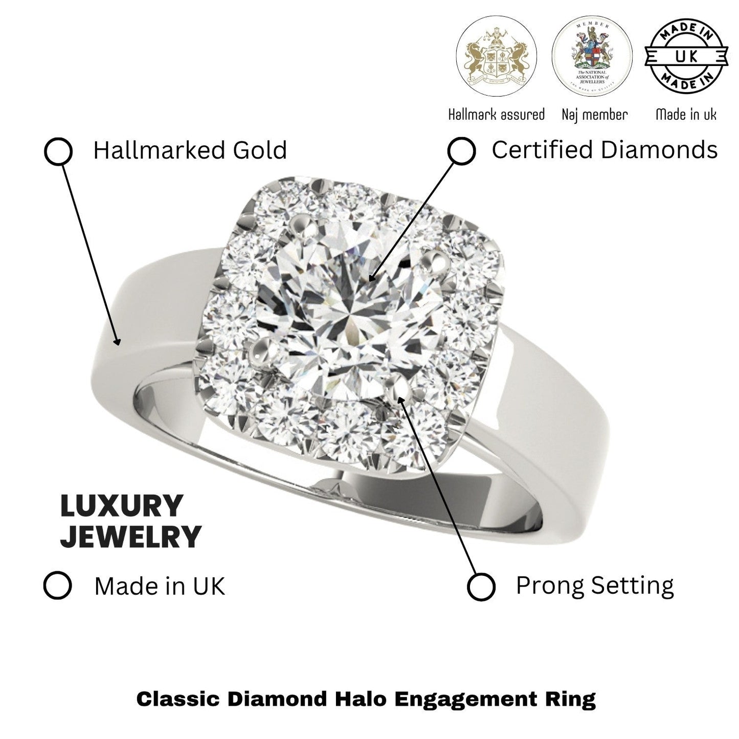 3.00 Carat DE/VS Lab Grown Round Cut Diamond Halo Engagement Ring 18K White Gold