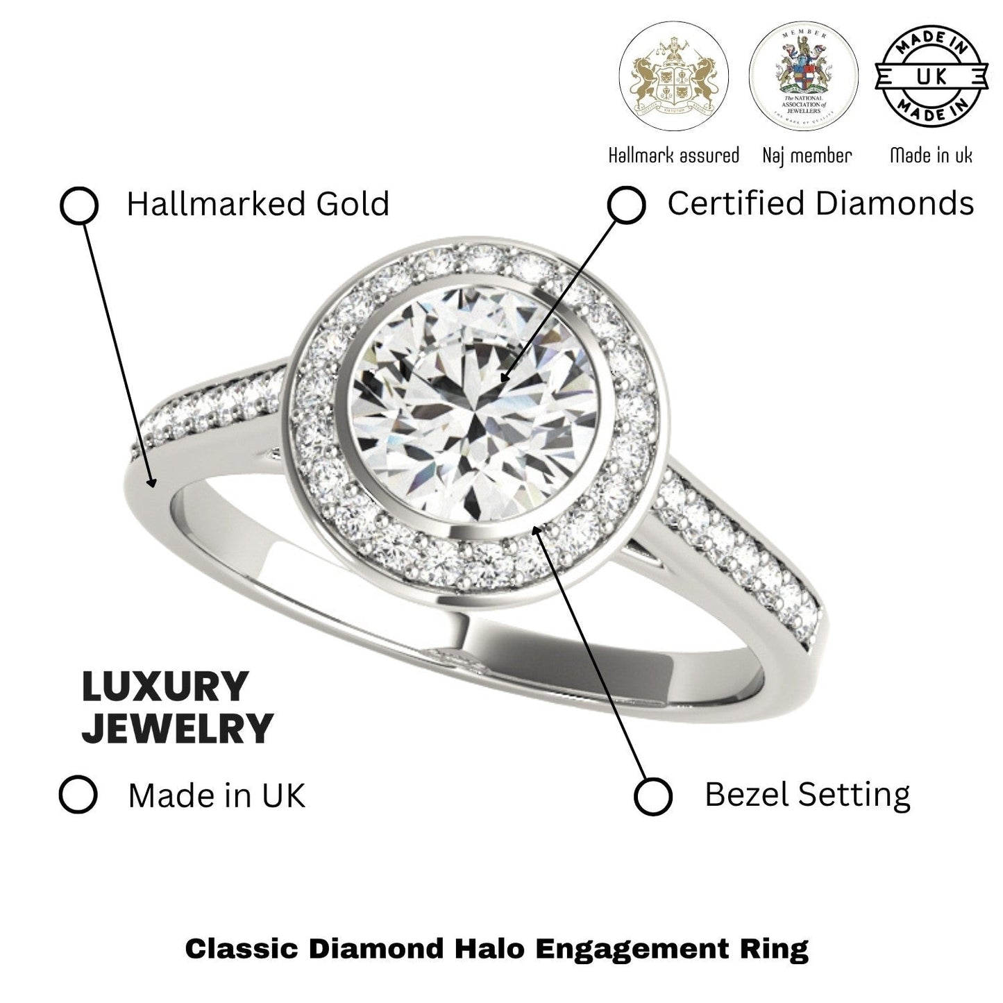 2.00 Carat DE/VS Lab Grown Round Cut Diamond Halo Engagement Ring 18K White Gold