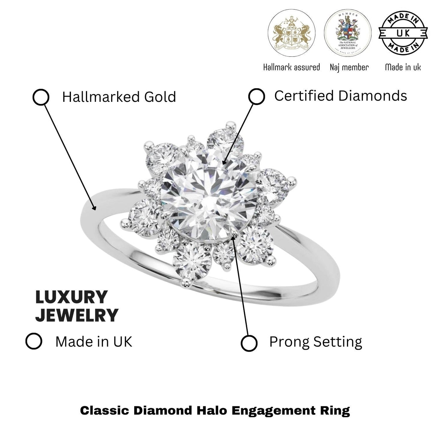 Lab-Grown Diamond Halo Engagement Ring in Platinum UK Hallmarked