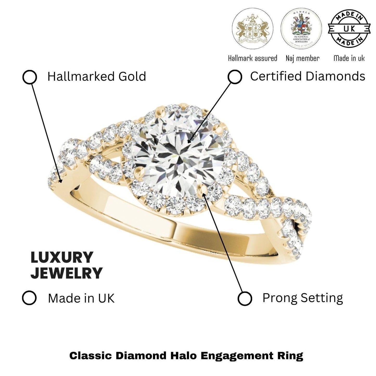 2.00Ct Lab Grown Round Diamond Halo Engagement Ring 18K Yellow Gold
