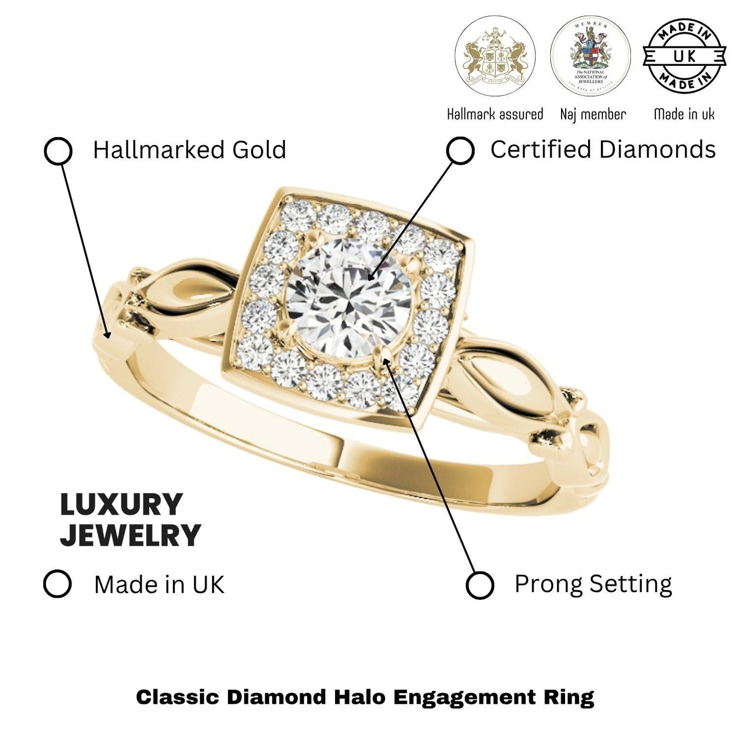 2.00Ct DE/VS Lab Grown Round Diamond Halo Engagement Ring 18K Yellow Gold