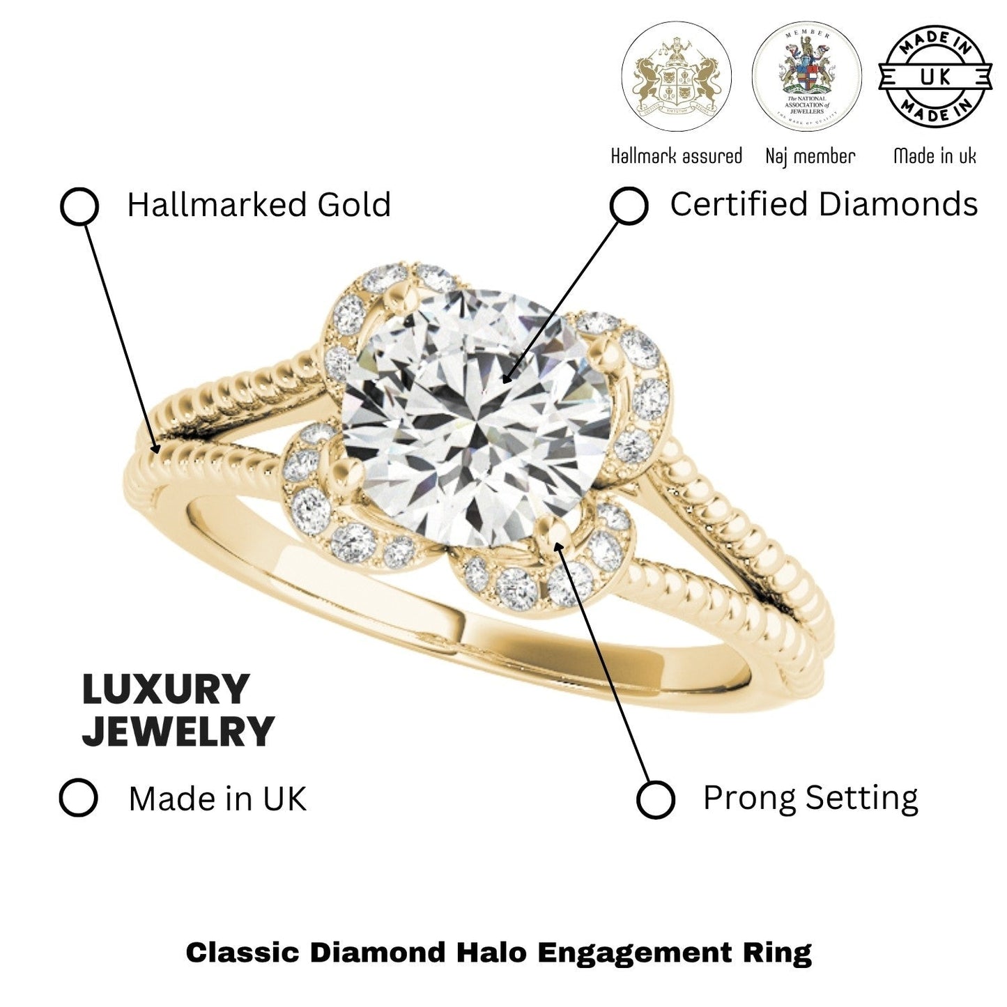 2.00Ct Lab Grown Round Diamond Halo Engagement Ring 18K Yellow Gold
