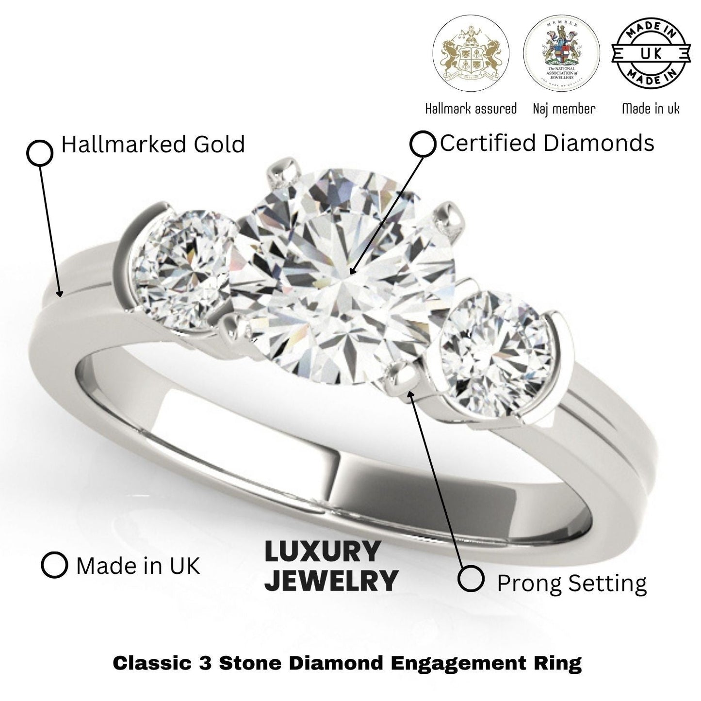 2.00ct Lab Grown Round Cut Diamond Claw Set Trilogy Engagement Ring Platinum