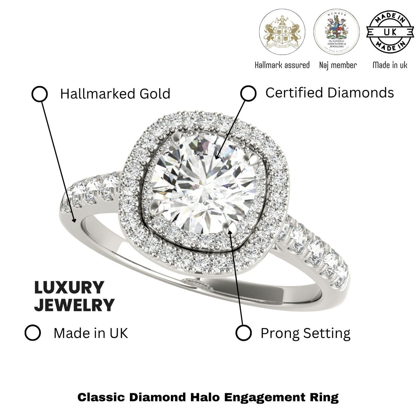 2.00 Ct DE/VS Lab-Grown Diamond Halo Engagement Ring in Platinum Ð UK Hallmarked