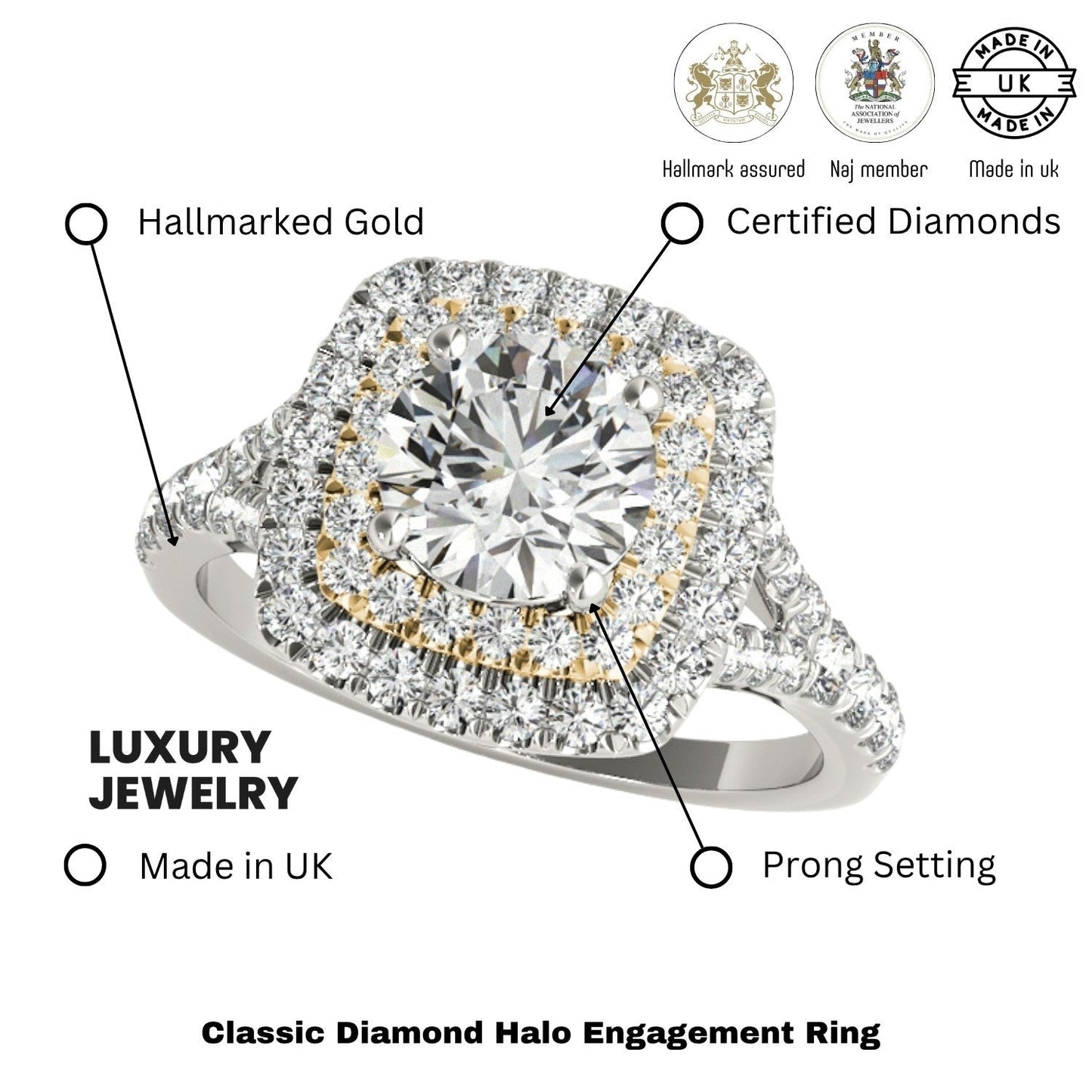 Lab Grown Round Diamond Halo Engagement Ring 18K Yellow Gold