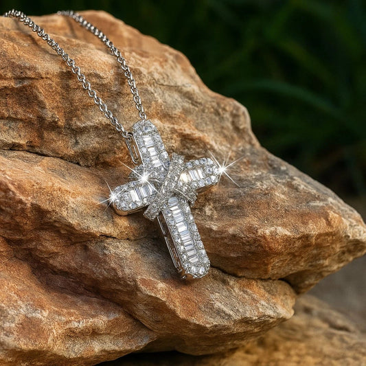1.25Ct Natural Baguette & Round Diamond Cross Pendant