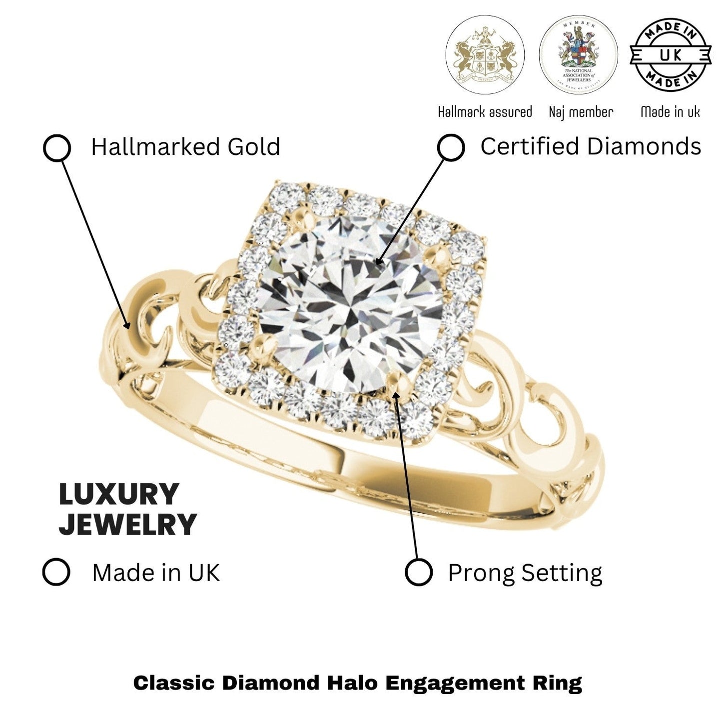 Lab-Grown Diamond Halo Engagement Ring in 18K Yellow Gold