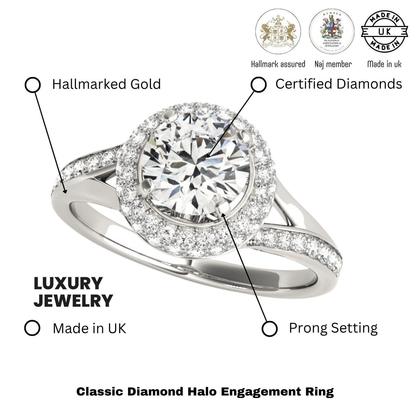 2.00Ct DE/VS Lab Grown Round Diamond Halo Engagement Ring 18K White Gold