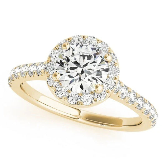 Lab Grown Round Cut  Diamond Halo Engagement Ring In Yellow Gold.