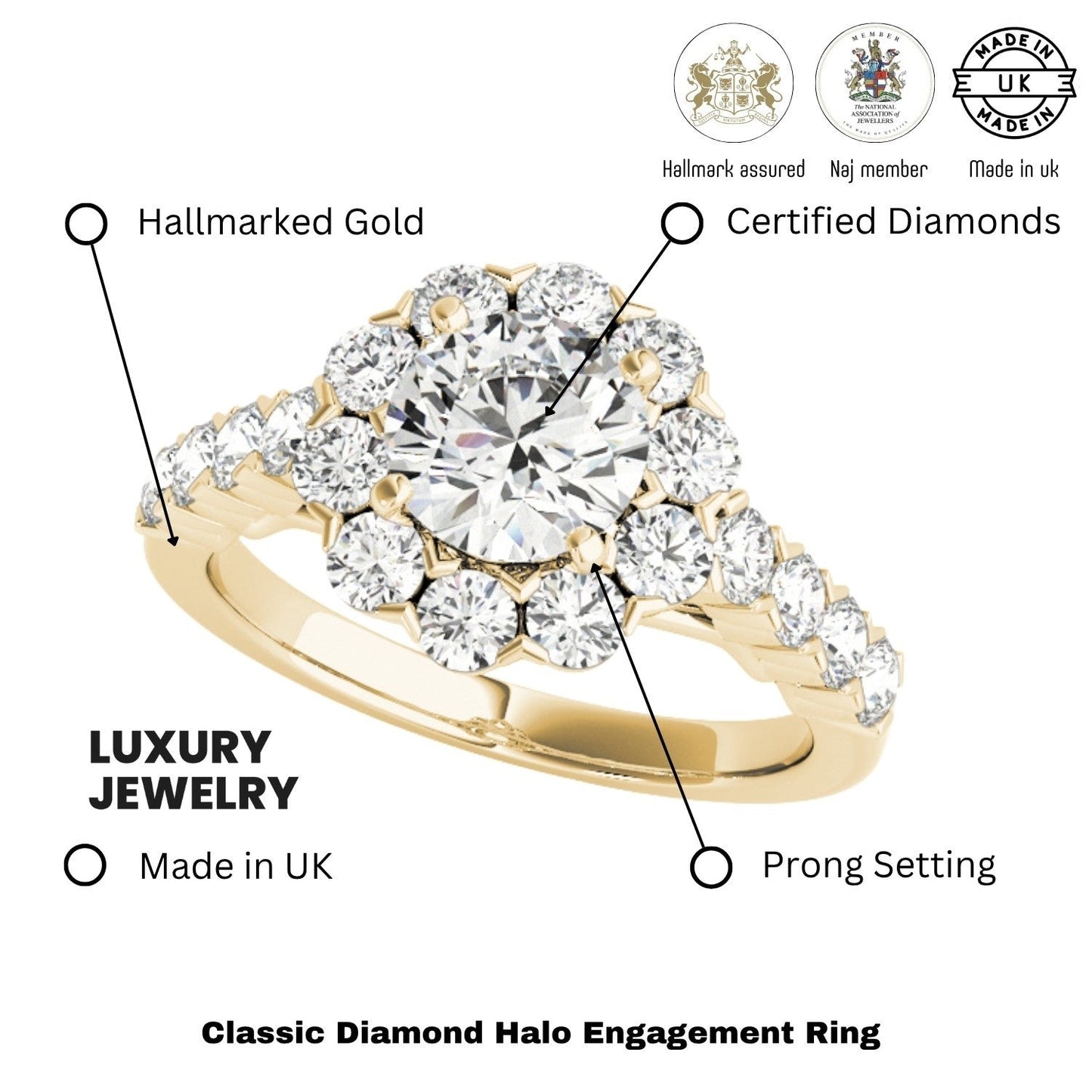Lab Grown Round Diamond Halo Engagement Ring 18K Yellow Gold