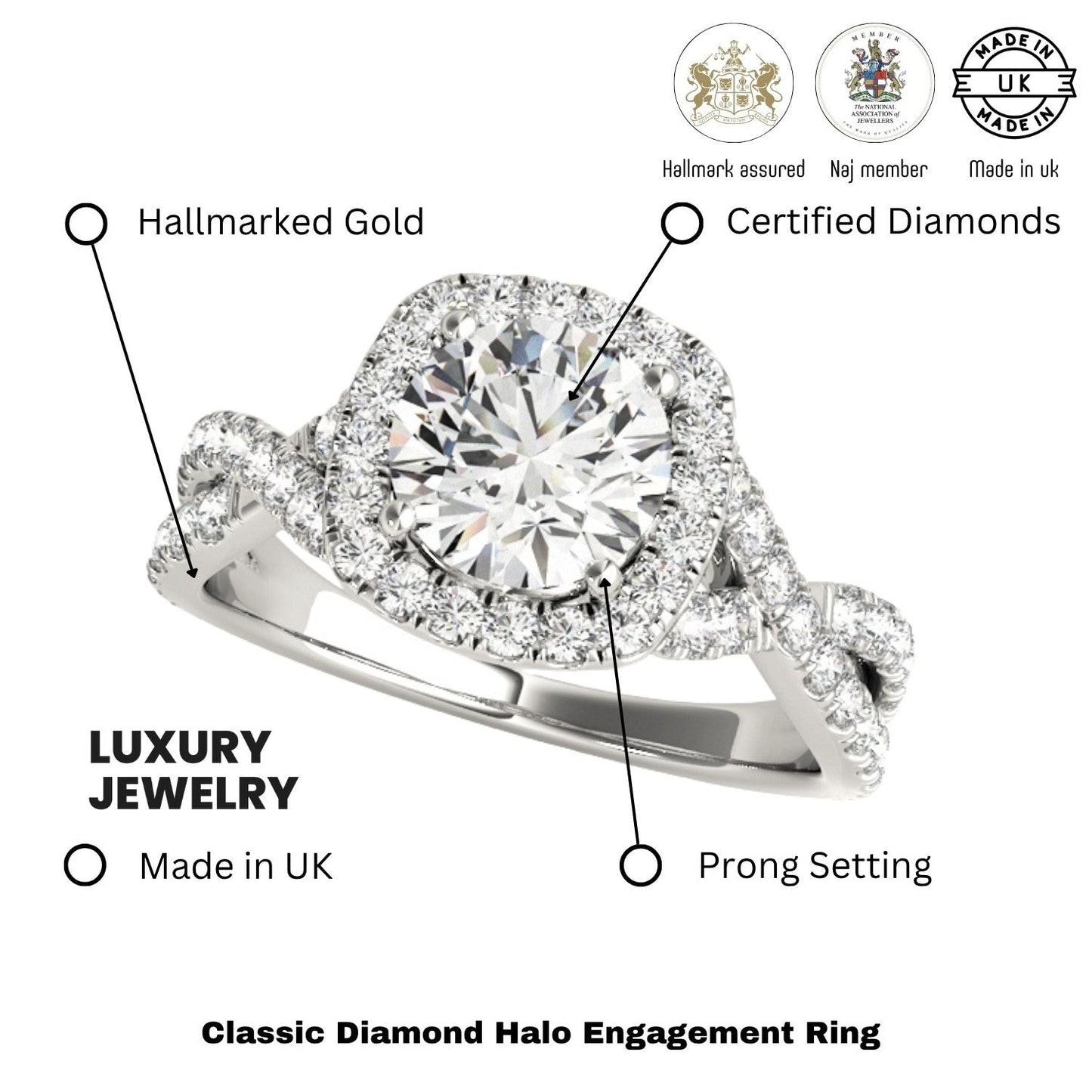 Lab Grown Round Diamond Halo Engagement Ring 18K White Gold