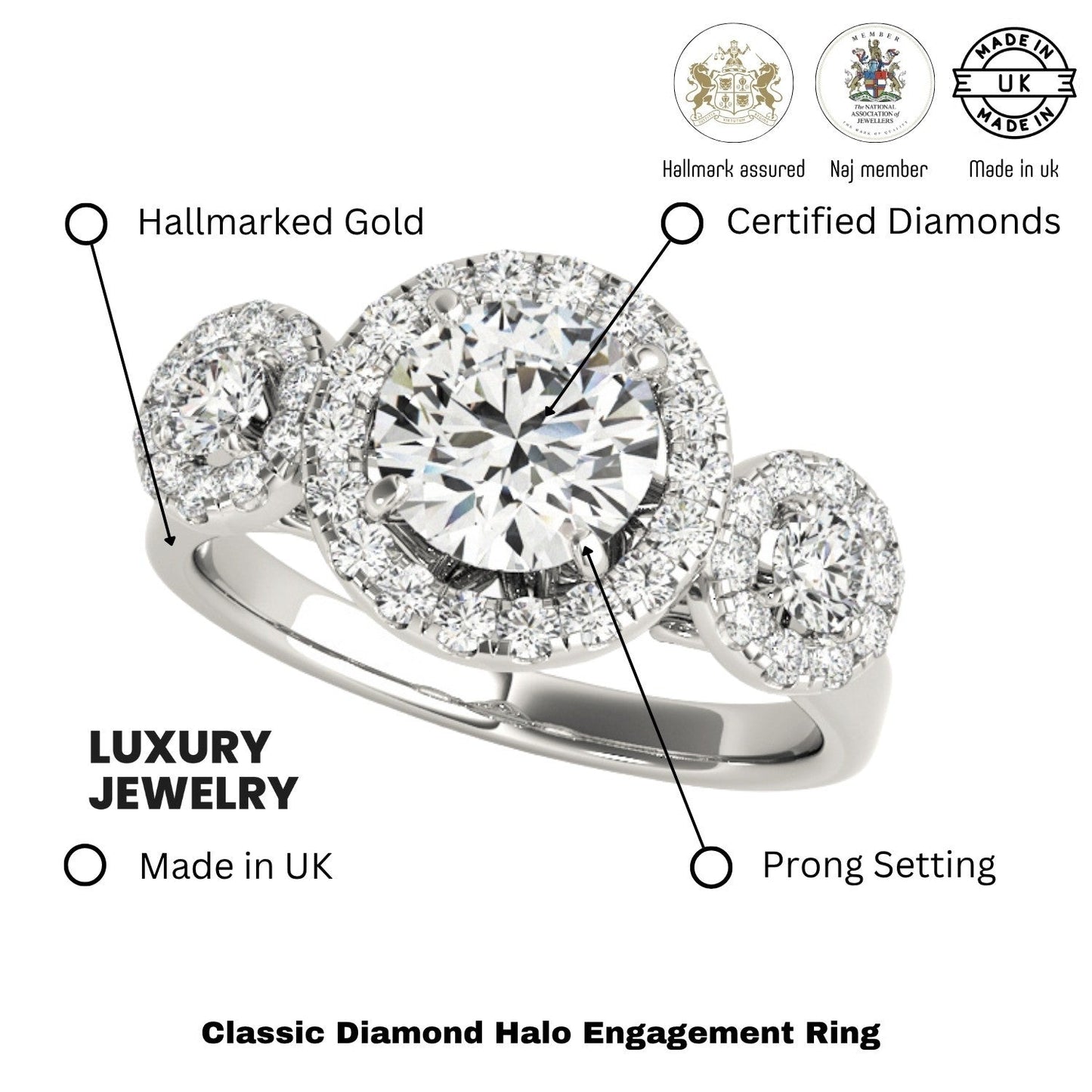 2.00 Carat DE/VS Lab Grown Round Cut Diamond Halo Engagement Ring 18K White Gold
