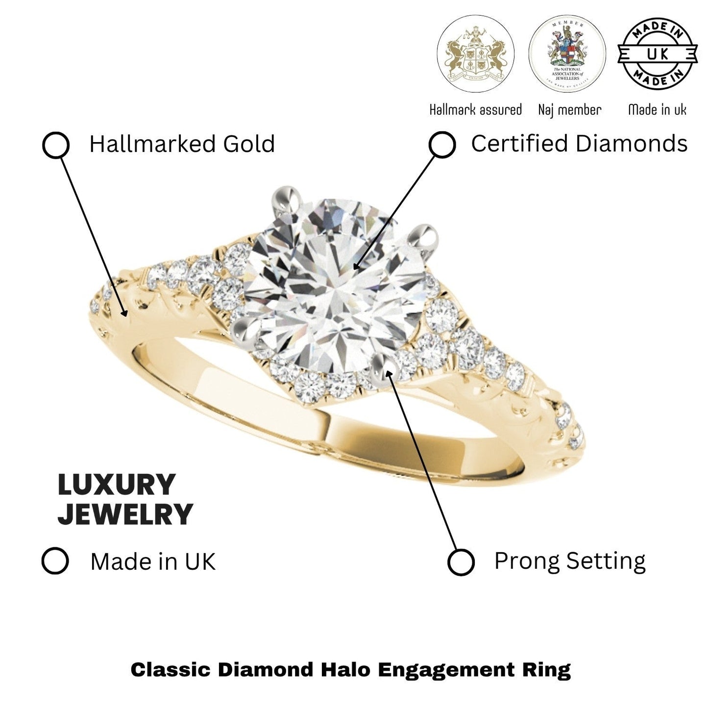 2.00Ct Lab Grown Round Diamond Halo Engagement Ring 18K Yellow Gold